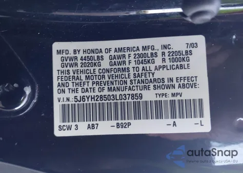 2003 Honda Element Ex z USA, uszkodzony, nr VIN 5J6YH28503L037859